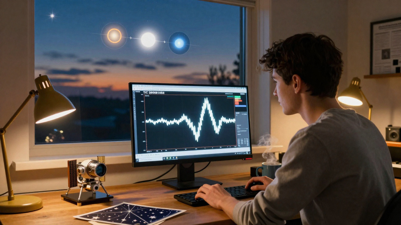 Jovem analisando dados gravados em computador sobre ondas gravitacionais à noite, com gráficos e maquetes no escritório.