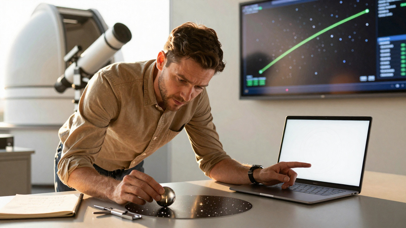 Homem usando dispositivo esférico em mesa interativa, com laptop e monitor mostrando gráfico espacial.