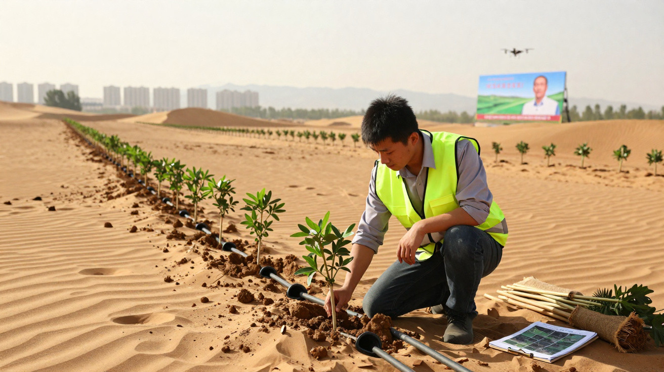 Homem planta mudas em linha no deserto com sistema de irrigação enquanto drone voa ao fundo.