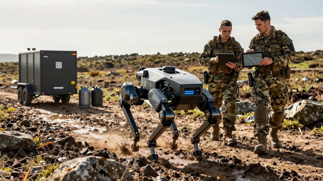 Robô quadrúpede em terreno rochoso com dois soldados usando tablet ao fundo em ambiente militar.