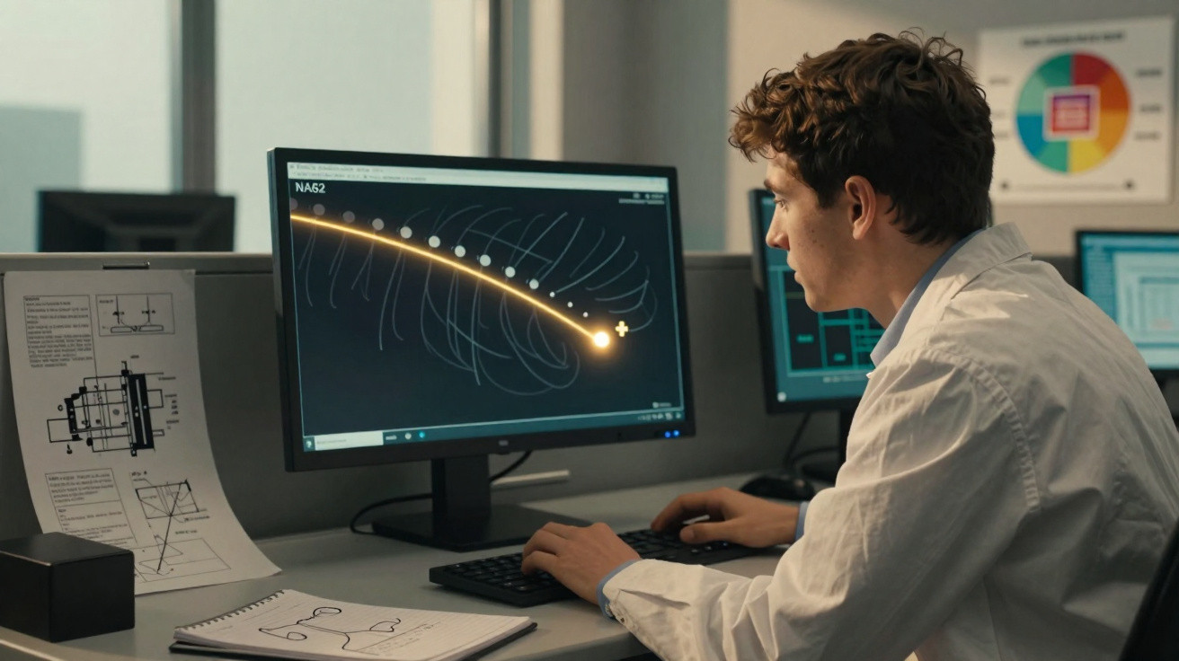 Homem com jaleco branco analisando simulação digital de órbita em tela de computador no escritório.
