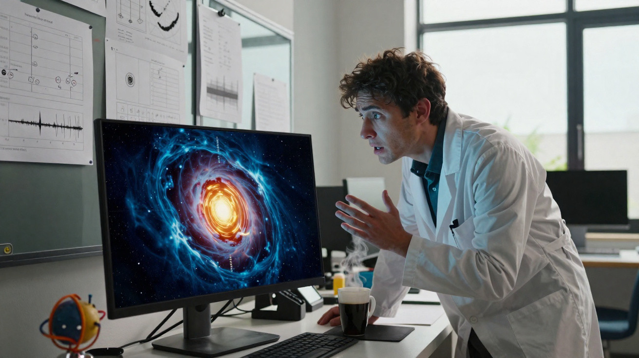 Cientista em jaleco observa com interesse imagem de galáxia em tela de computador em laboratório.