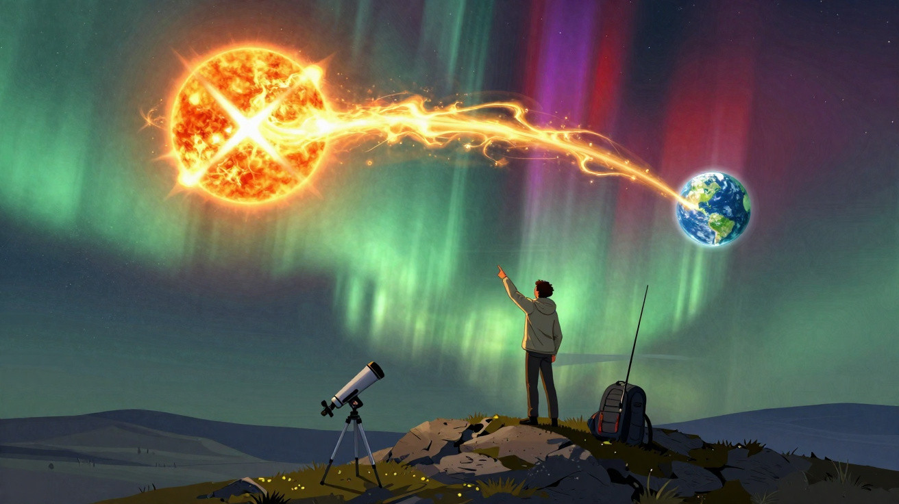 Pessoa observa o Sol e a Terra conectados por uma energia brilhante sob a aurora boreal à noite.