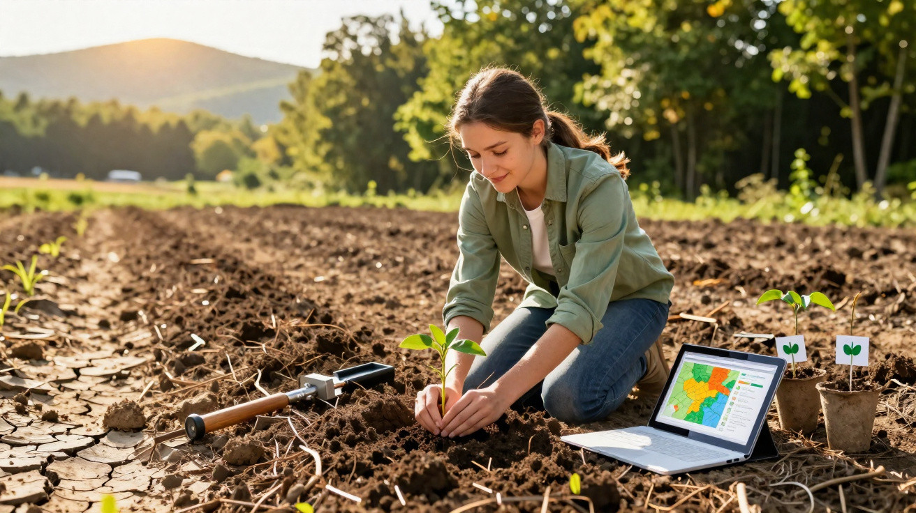 Jovem planta muda na terra seca, com laptop aberto e ferramentas agrícolas ao redor, em campo ao pôr do sol.