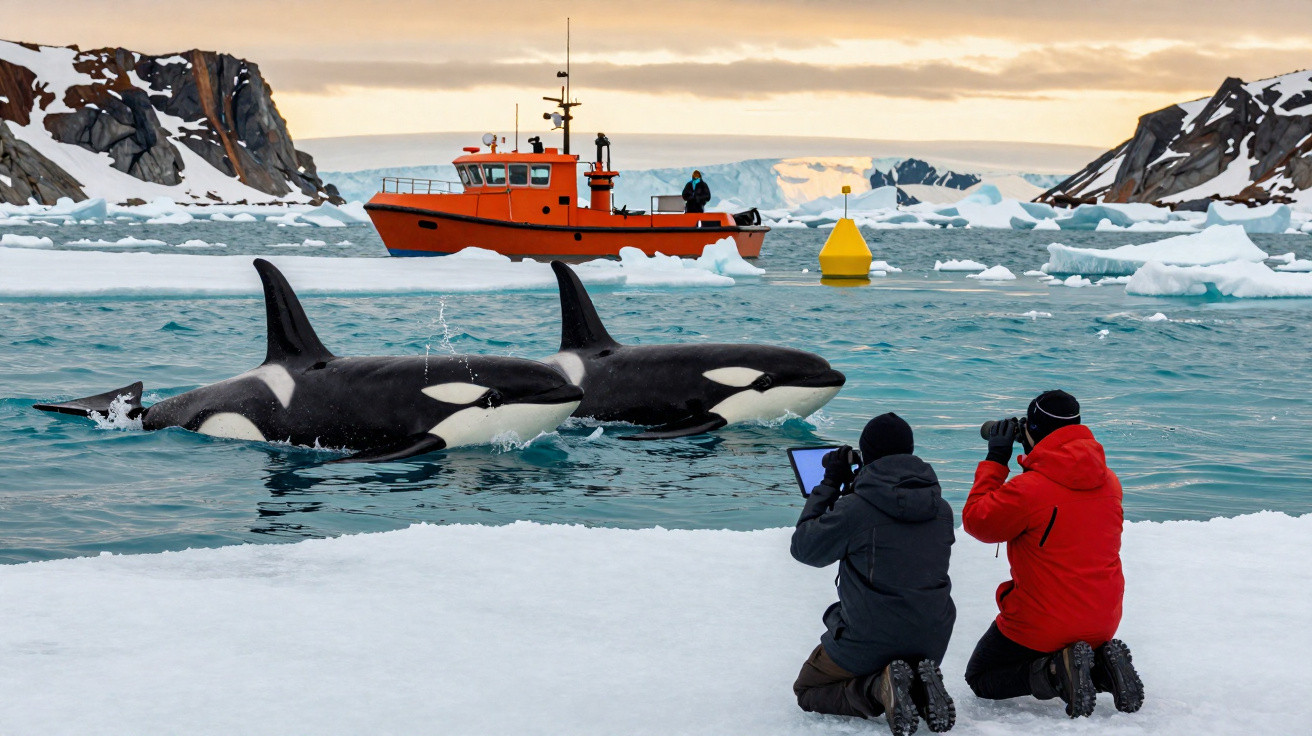 Duas orcas nadando próximas a duas pessoas fotografando em gelo com barco laranja e montanhas ao fundo.