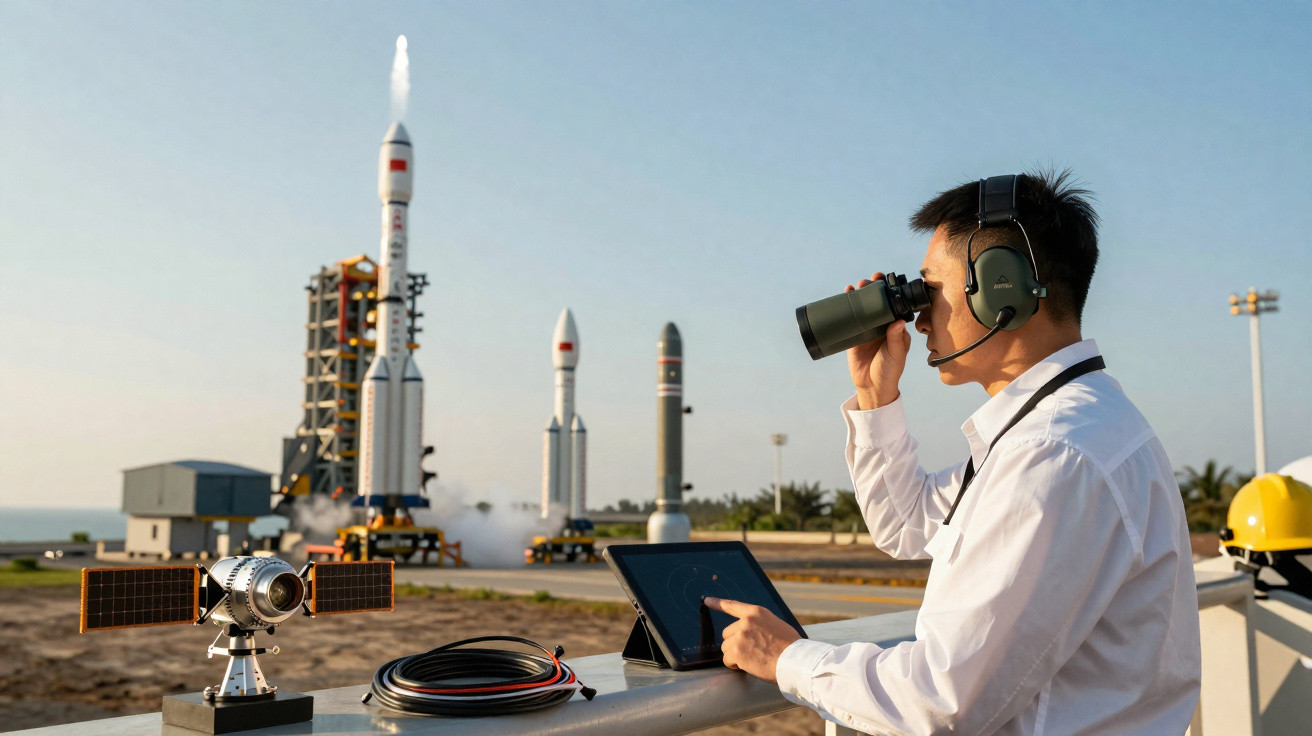 Homem com fone e binóculo observa foguete chinês decolando em base espacial ao entardecer.