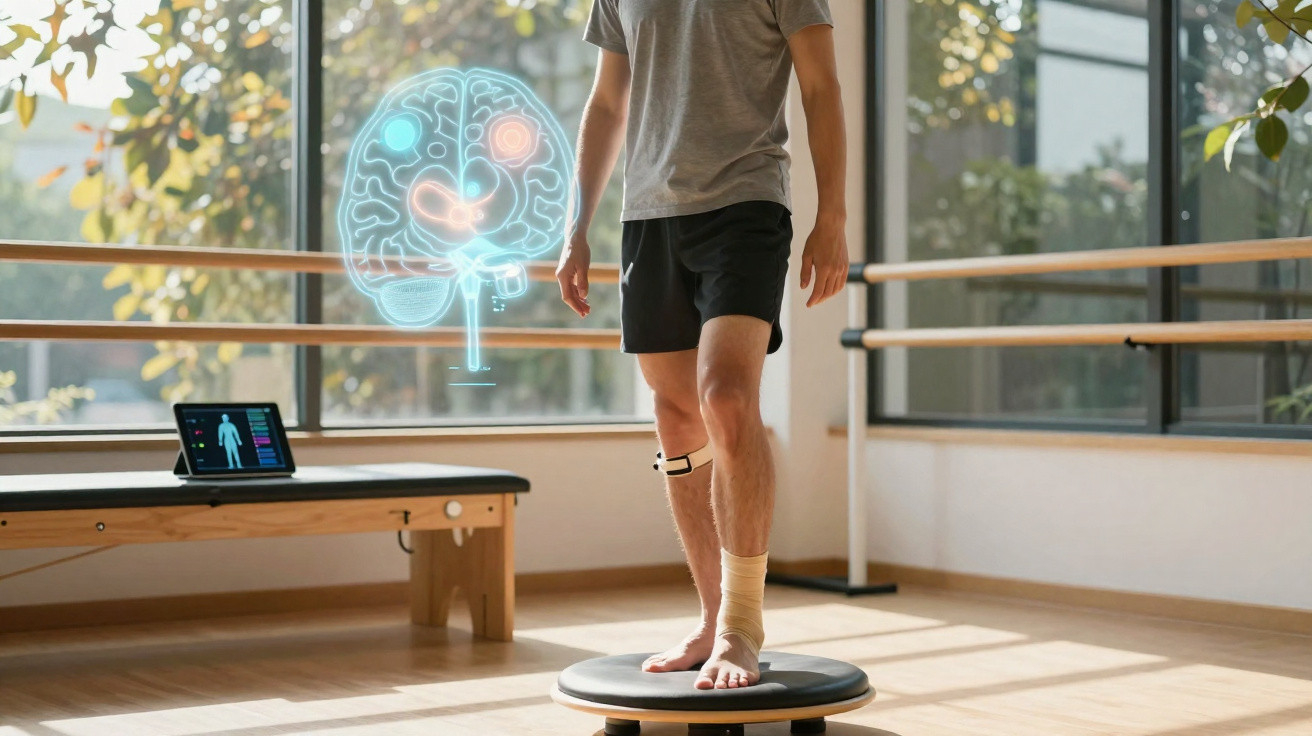 Homem fazendo exercícios de equilíbrio em plataforma com sensor e holograma de cérebro ao fundo.