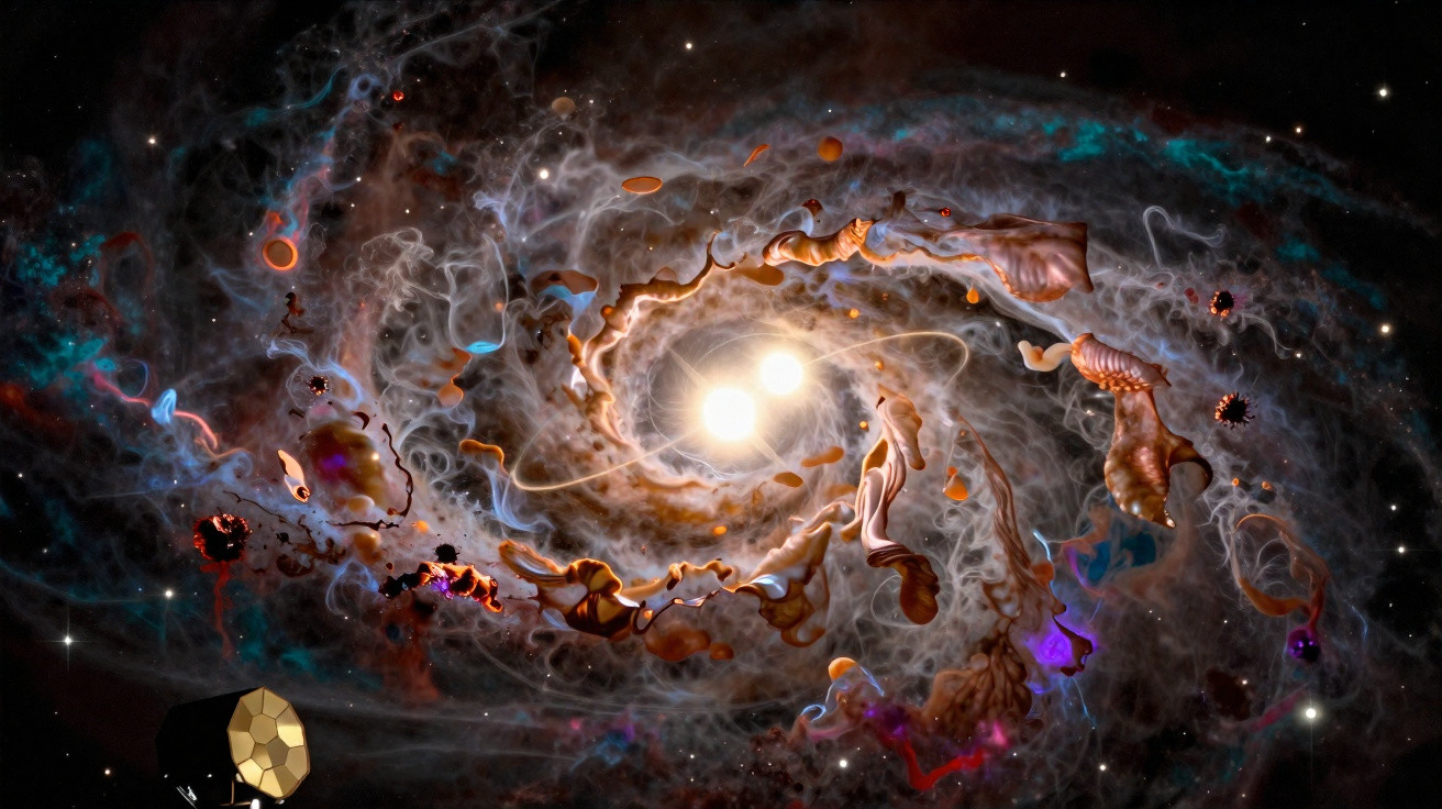 Imagem artística de uma galáxia espiral com duas estrelas brilhantes no centro e naves espaciais ao redor.
