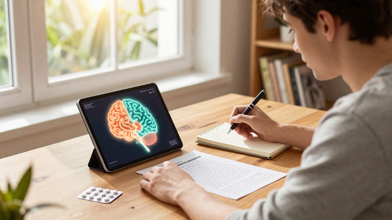 Pessoa estudando cérebro em tablet, anotando em caderno, em mesa de madeira com remédios ao lado.