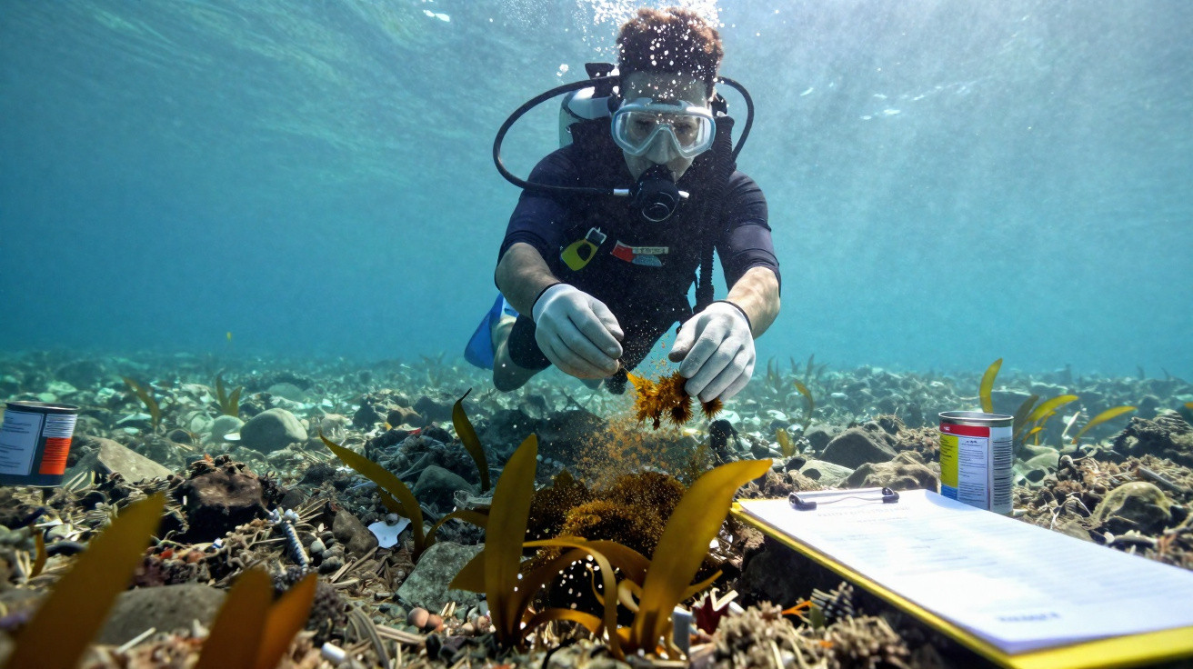 Mergulhador científico coleta amostras do fundo do mar em área com plantas aquáticas e equipamentos de pesquisa.