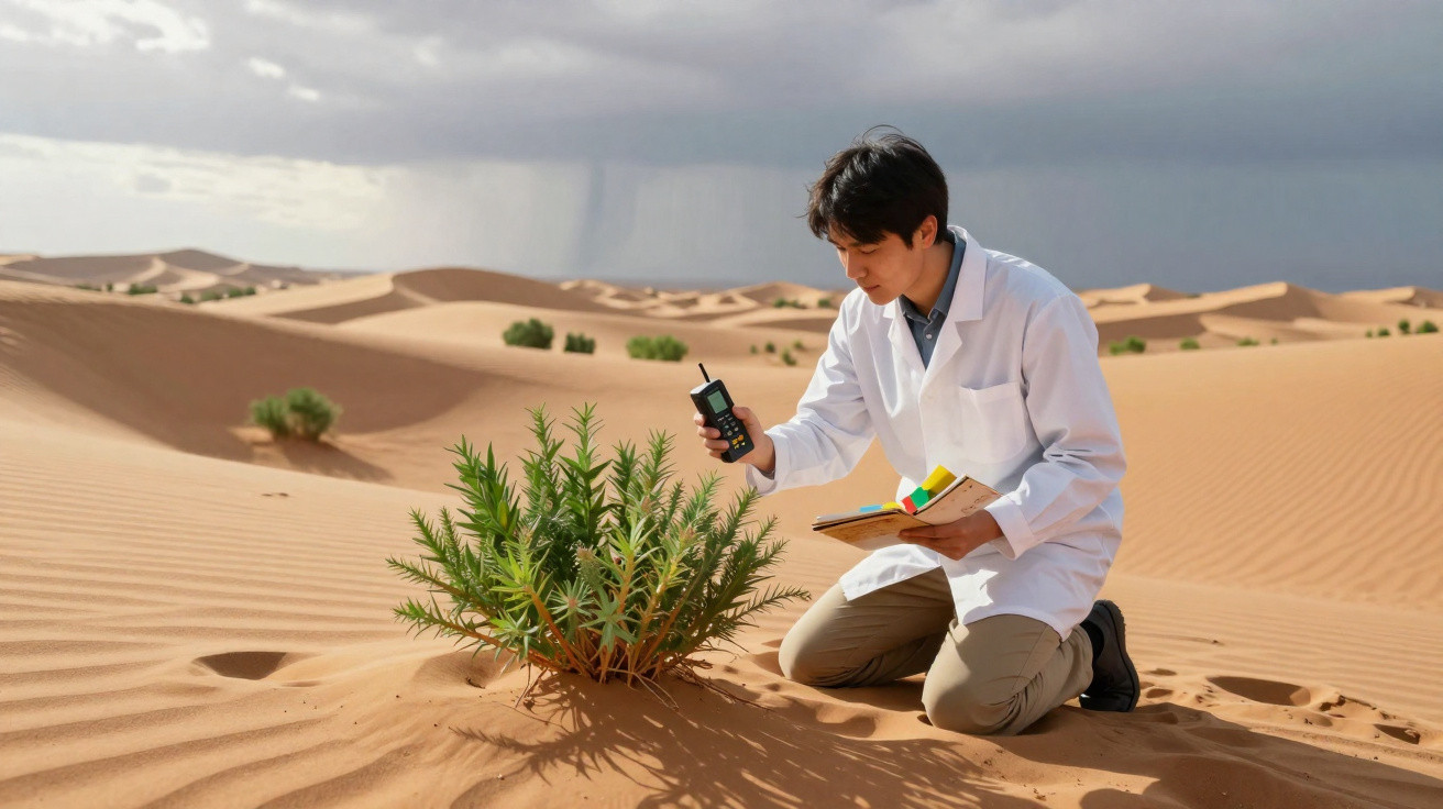 Cientista em jaleco analisa planta no deserto usando aparelho eletrônico e segura prancheta com anotações.