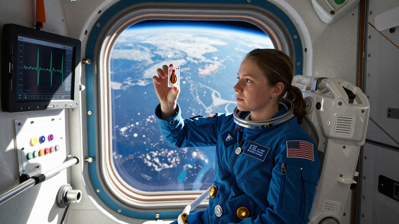 Astronauta em traje azul observa amostra de sangue dentro de módulo espacial com vista da Terra.