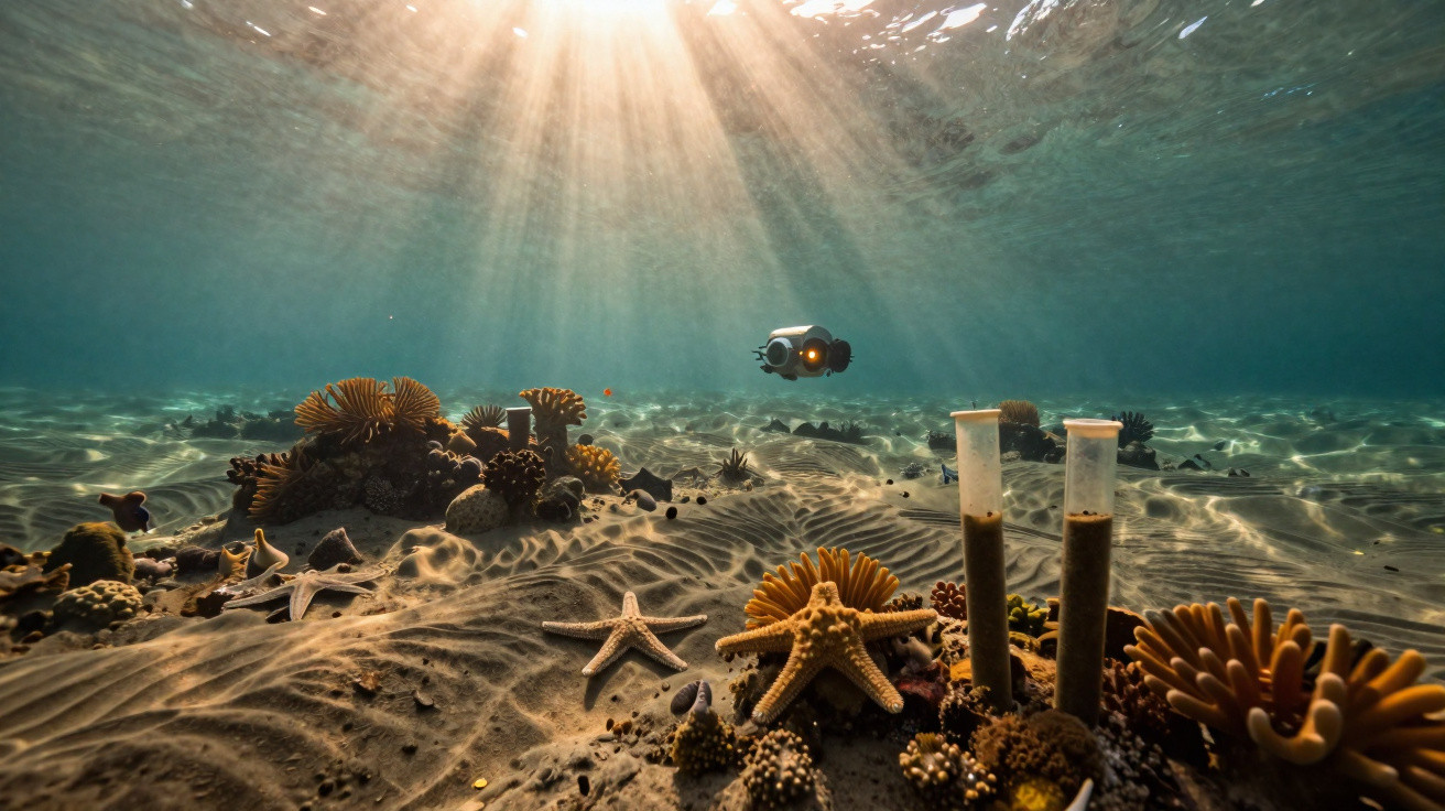 Fundo do oceano com corais, estrelas-do-mar, tubos de amostra e veículo subaquático iluminado pela luz do sol.