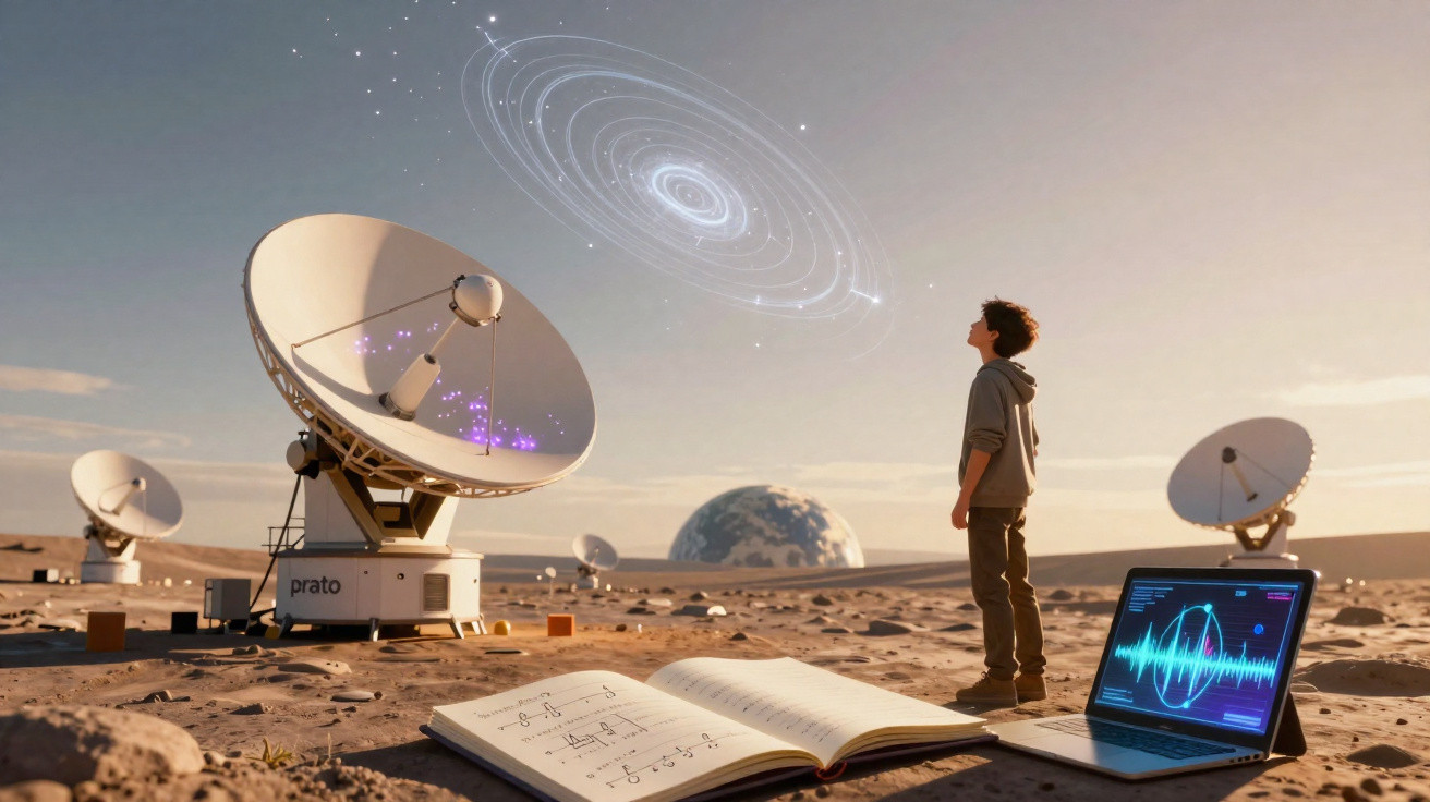 Menino observa antenas parabólicas em deserto com livro e laptop exibindo gráficos de ondas sonoras.