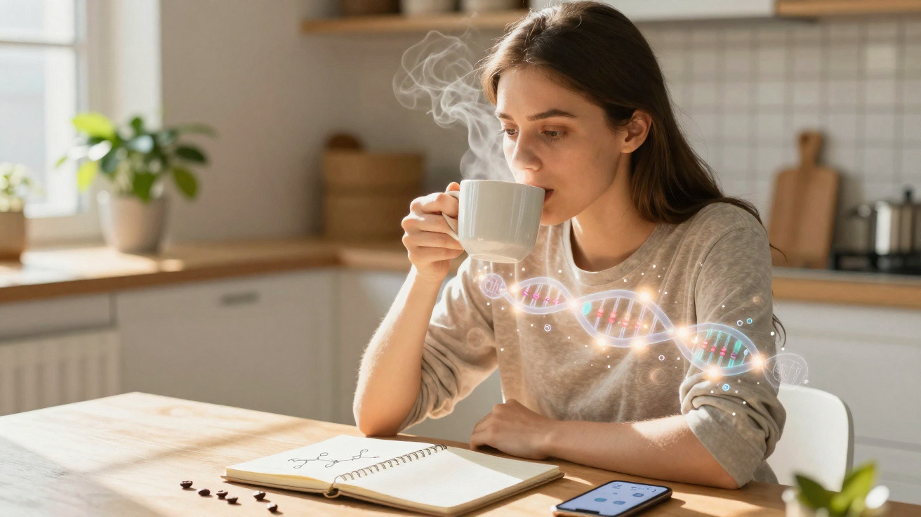Mulher tomando café em cozinha, com ilustração holográfica de dupla hélice de DNA sobre a xícara.
