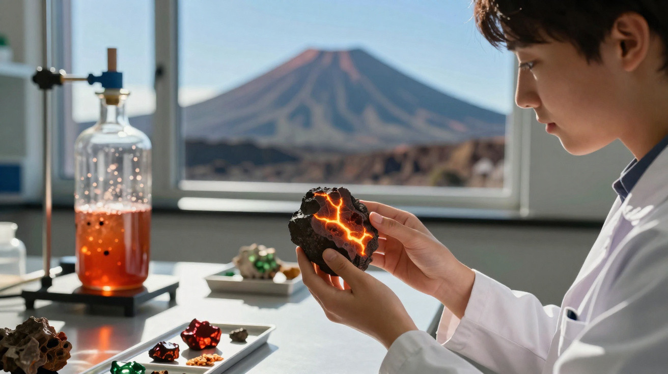 Jovem cientista em laboratório examina rocha com lava brilhante, vulcão ao fundo pela janela.