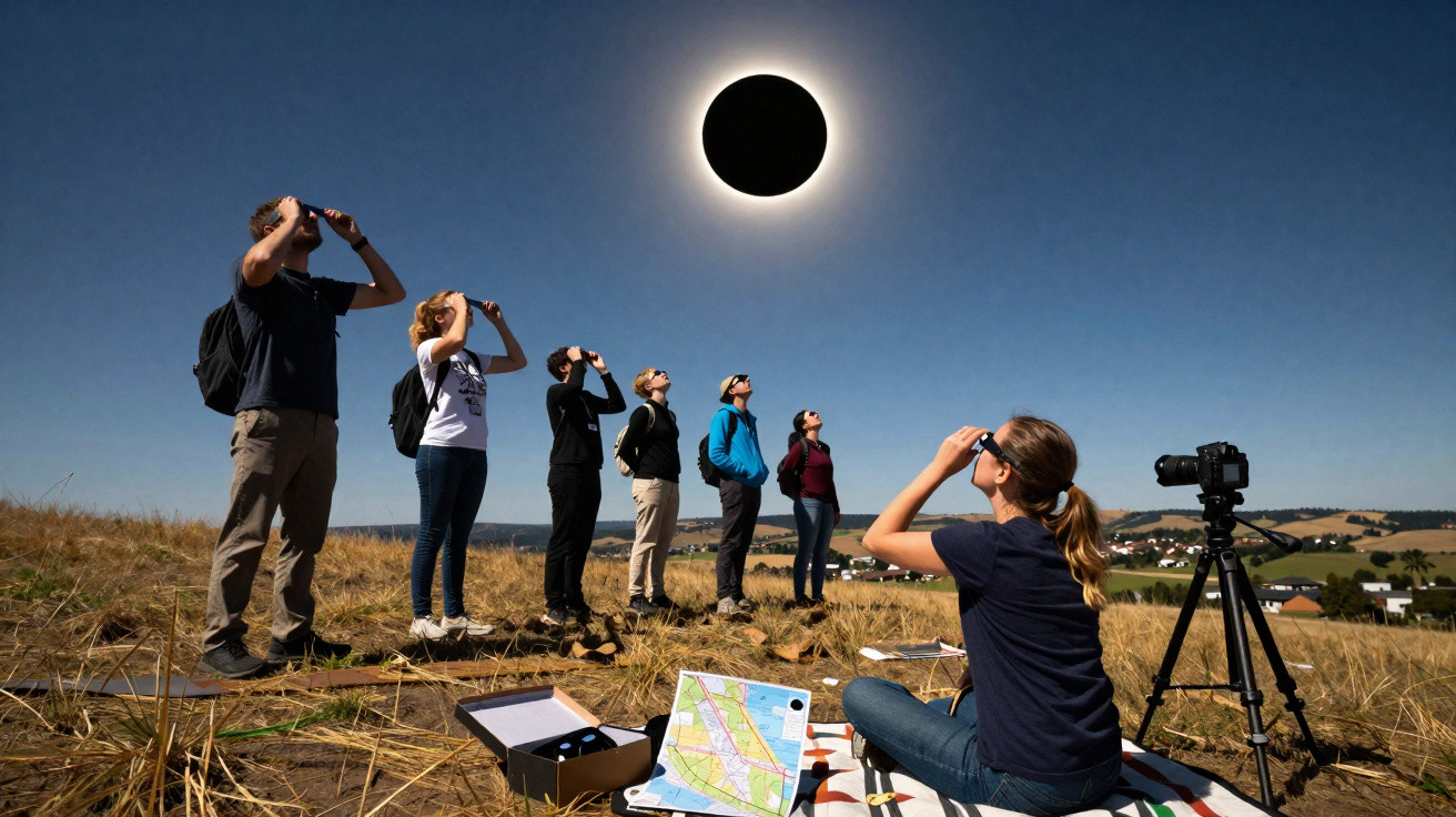 Grupo de pessoas em campo observando eclipse solar total com óculos especiais e câmera em tripé.