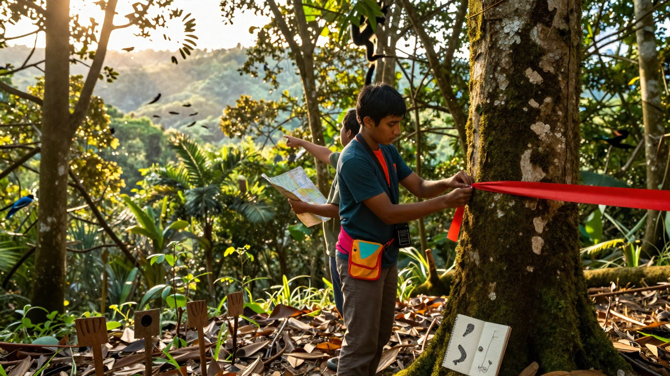Dois jovens exploradores em floresta medem árvore com fita vermelha, um segura mapa e o outro prende fita.