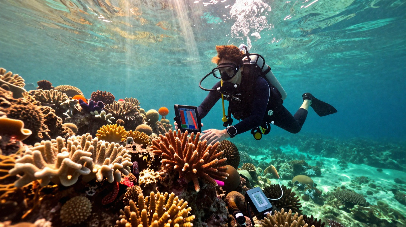 Mergulhador com equipamento científico usando tablet para estudar recife de corais submerso.