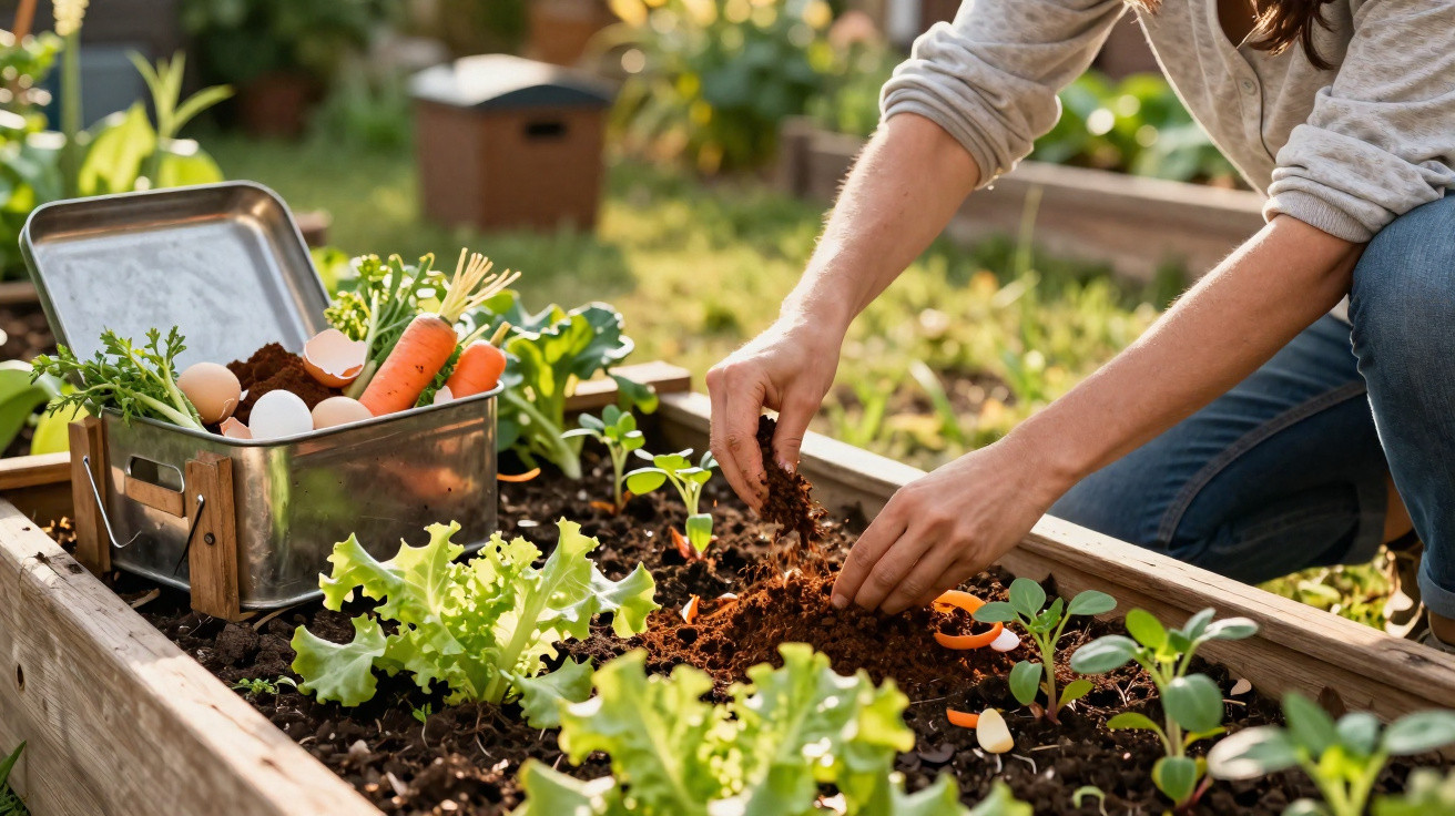 Pessoa plantando mudas em horta caseira com vegetais e caixa de compostagem ao lado.