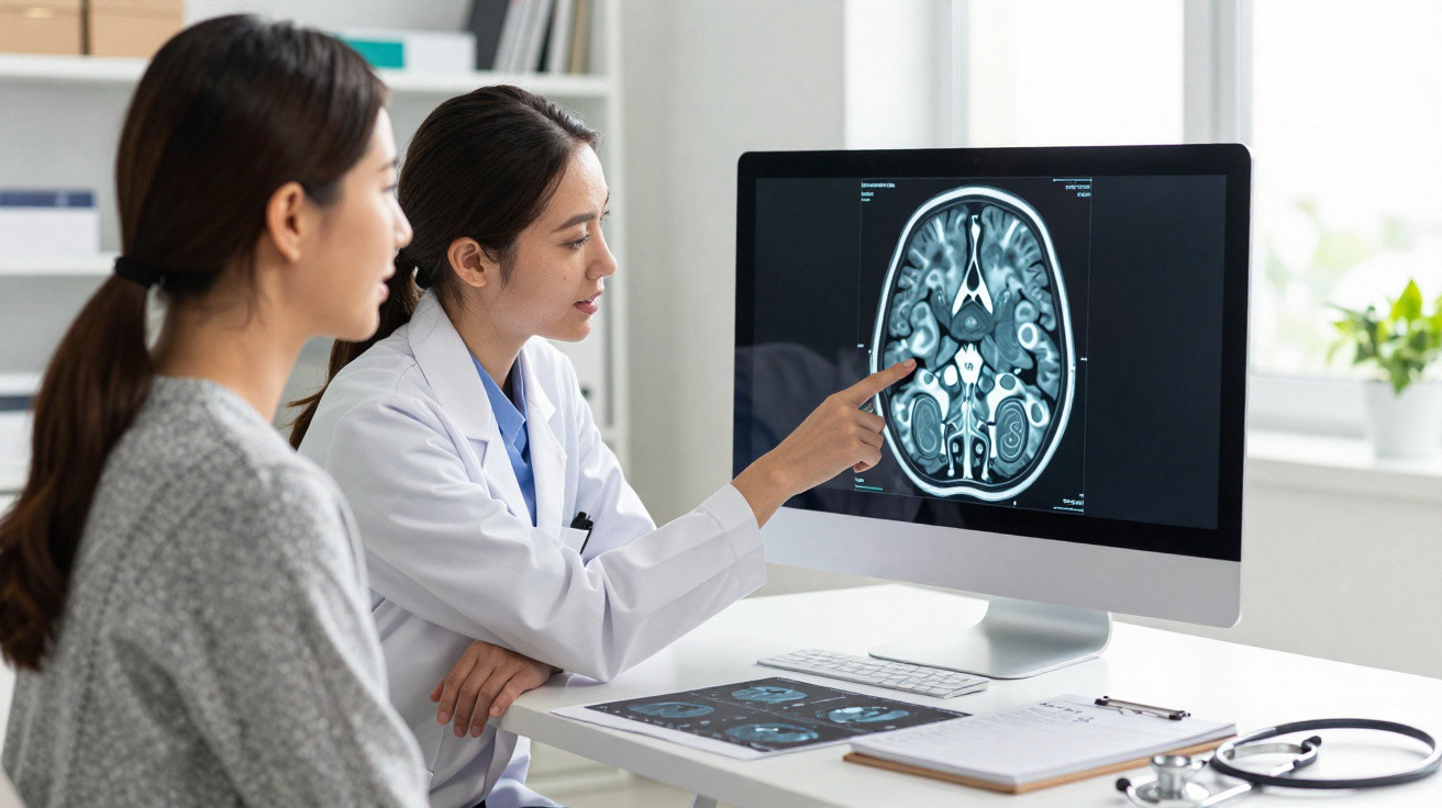 Médica analisando exame de ressonância magnética cerebral com paciente em consultório.