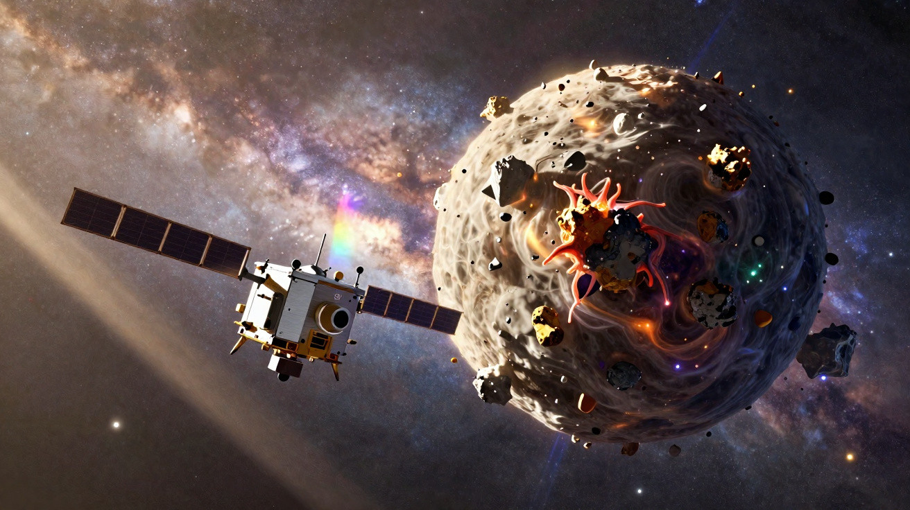Sonda espacial próxima a asteroide com superfície irregular e fragmentos voando no espaço sideral.
