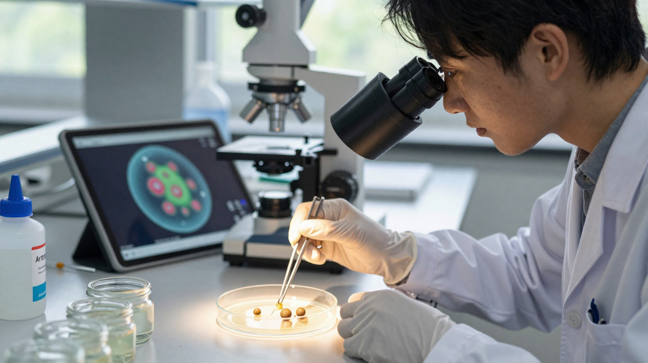 Cientista analisando amostras em placa de petri com uso de microscópio e tablet no laboratório.