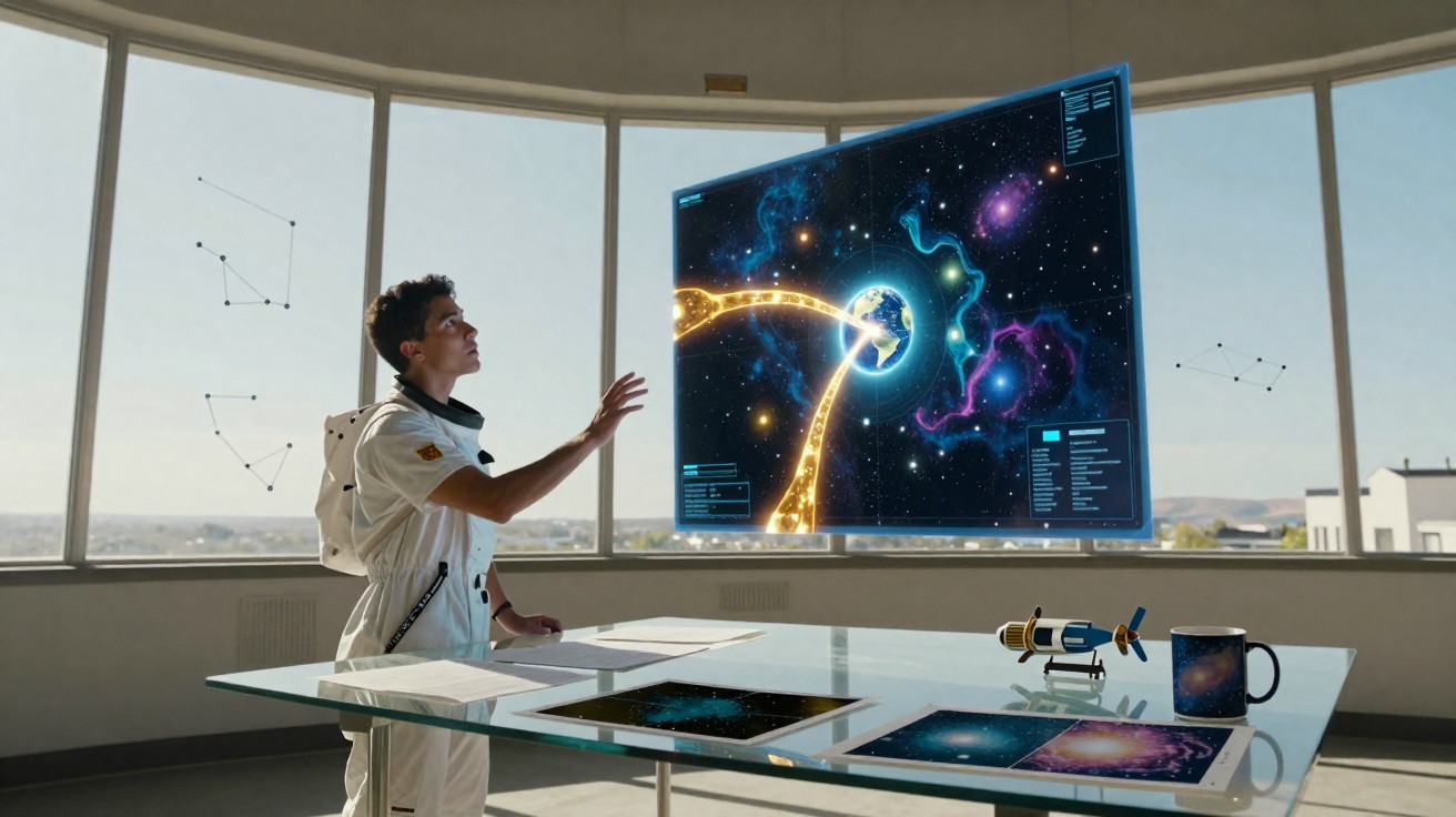 Pessoa em traje de astronauta interage com holograma do sistema solar em sala com janelas panorâmicas.