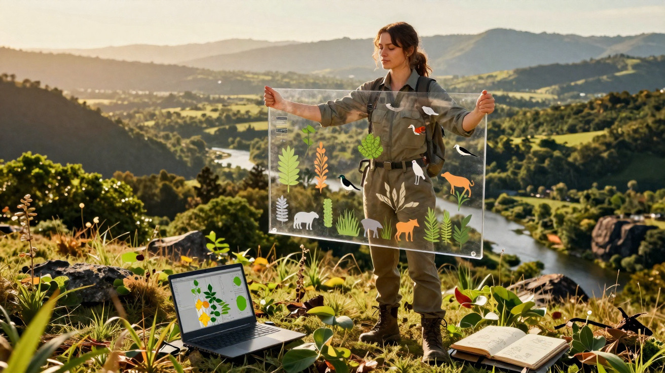 Mulher em uniforme segura painel transparente com ilustrações de fauna e flora na paisagem montanhosa ao fundo.