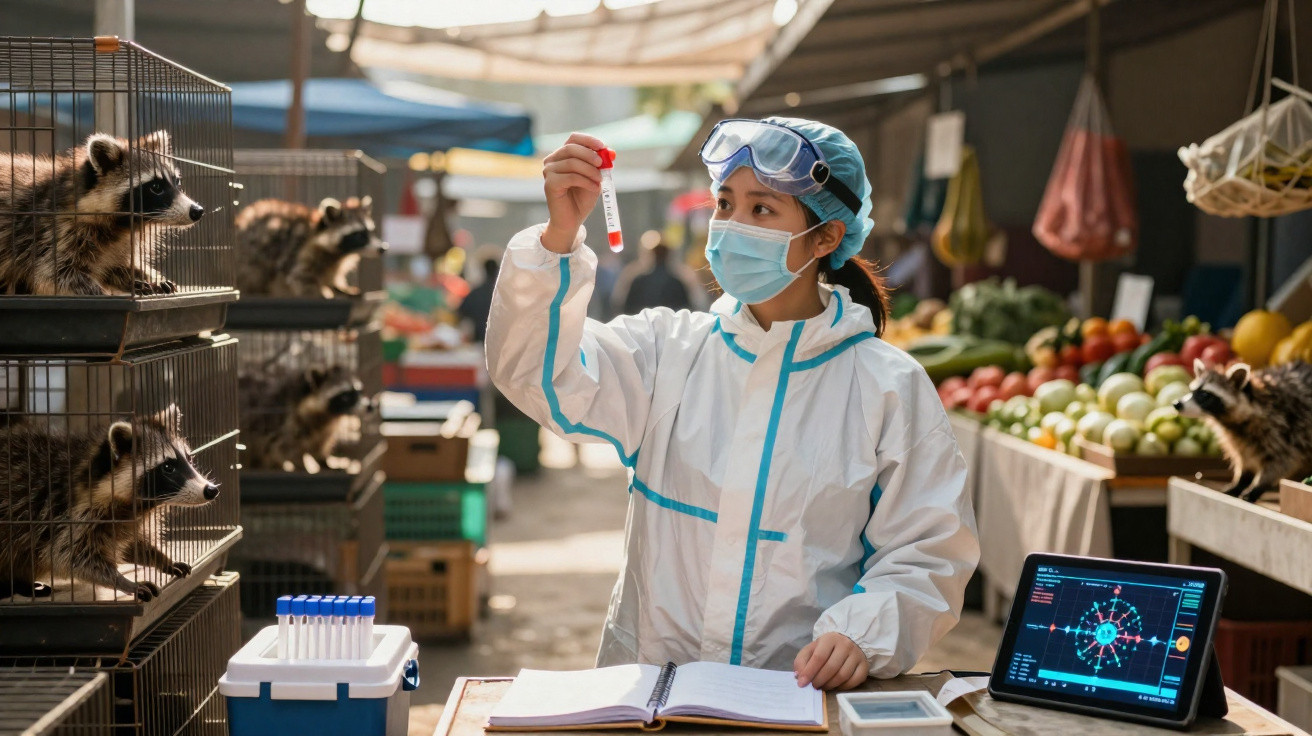 Pesquisadora em traje de proteção analisa amostra em mercado com guaxinins em gaiolas ao lado.