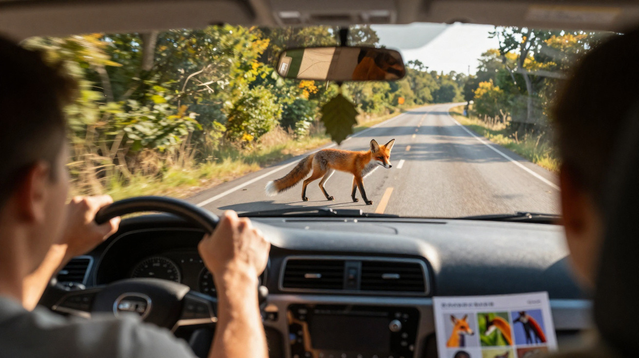 Raposa atravessando a estrada vista de dentro de um carro com dois ocupantes.