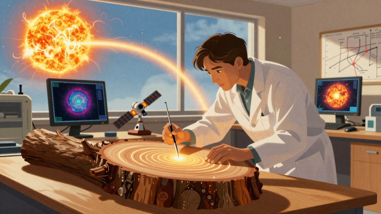 Cientista em laboratório analisa e pinta anéis de crescimento de tronco, enquanto simula um sol e satélite ao fundo.