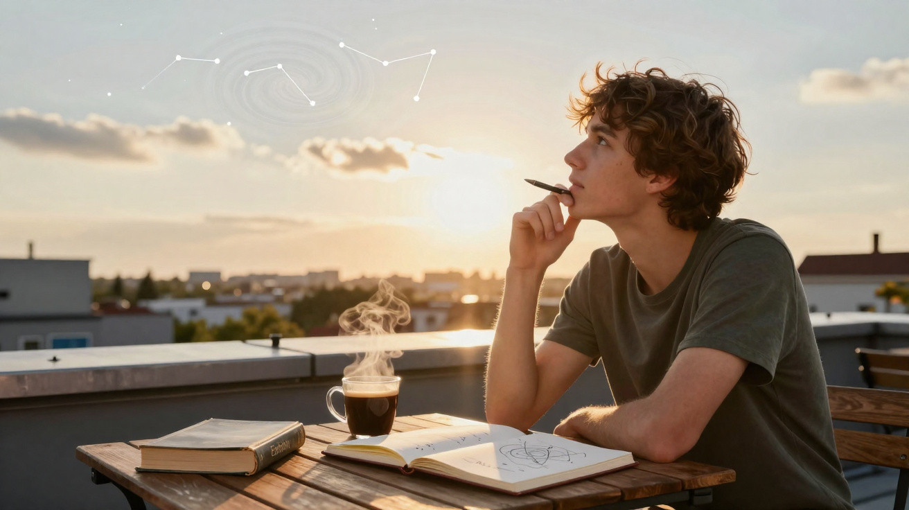 Jovem pensativo em varanda ao pôr do sol, com caderno, livro e xícara de café fumegante.