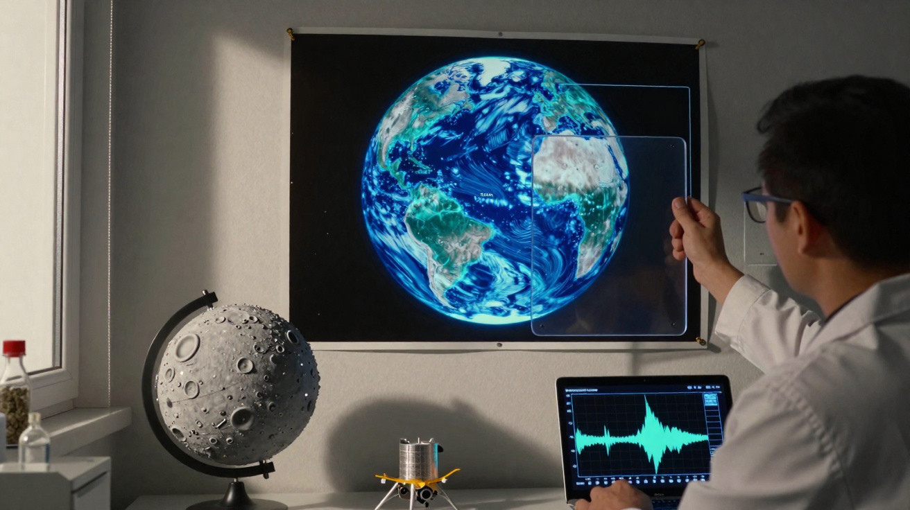 Pesquisador analisa imagem digital da Terra com modelo da Lua e equipamentos de monitoramento em mesa.