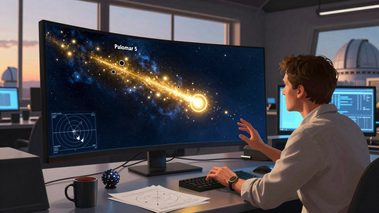 Homem analisa simulação da galáxia Palomar 5 em monitor curvo em sala de observatório astronômico.