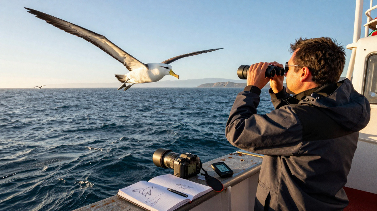Homem observa gaivota voando sobre o mar usando binóculo em barco com câmera e caderno de anotações.