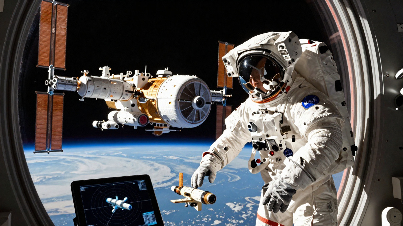 Astronauta em traje espacial realizando atividade extraveicular com estação espacial e Terra ao fundo.