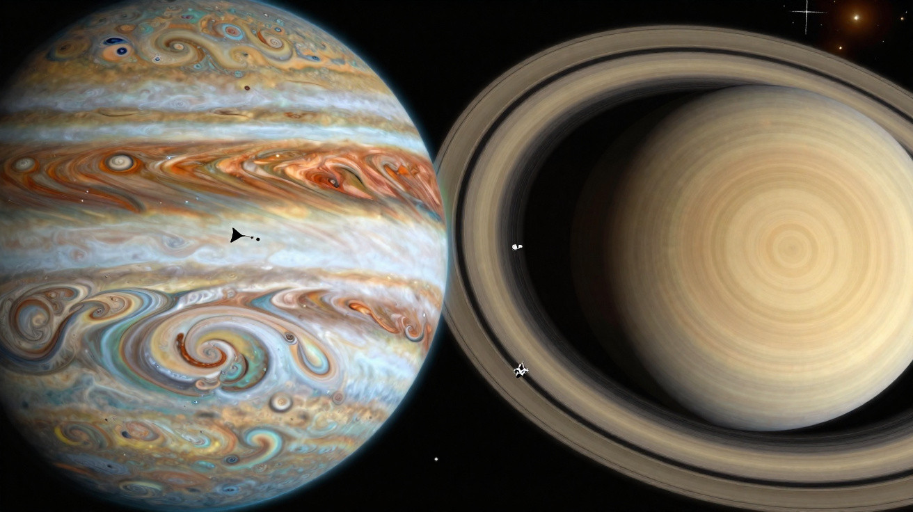 Imagem dos planetas Júpiter e Saturno com destaque para as faixas atmosféricas e anéis de Saturno em fundo escuro.