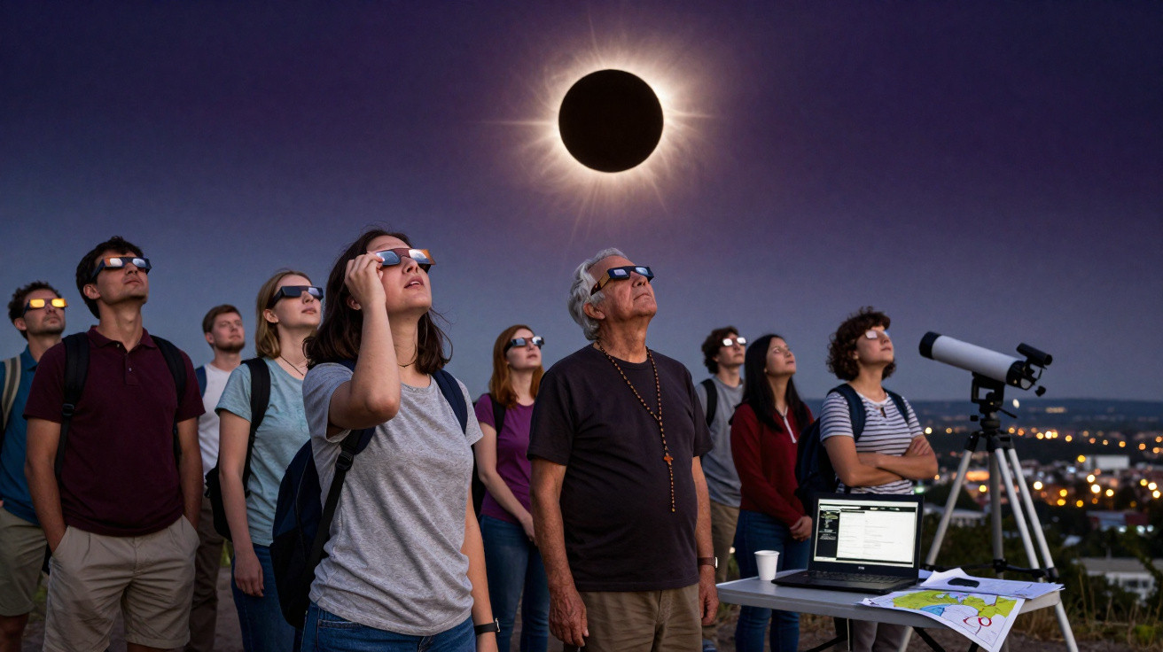 Pessoas usando óculos especiais observam eclipse solar total com telescópio e equipamento ao entardecer.