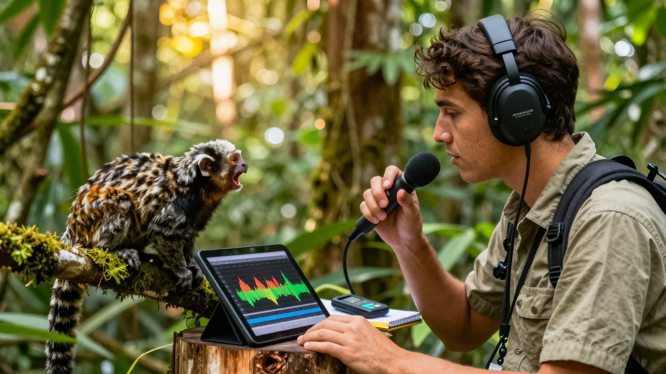 Pesquisador com microfone e fone grava sons de macaco na floresta com tablet exibindo ondas sonoras.