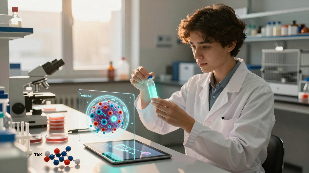 Jovem cientista com jaleco branco segurando tubo de ensaio no laboratório com holograma de vírus.