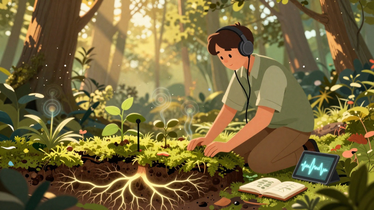 Pessoa usando fones escuta plantas em floresta, com raízes iluminadas e equipamentos de monitoramento.