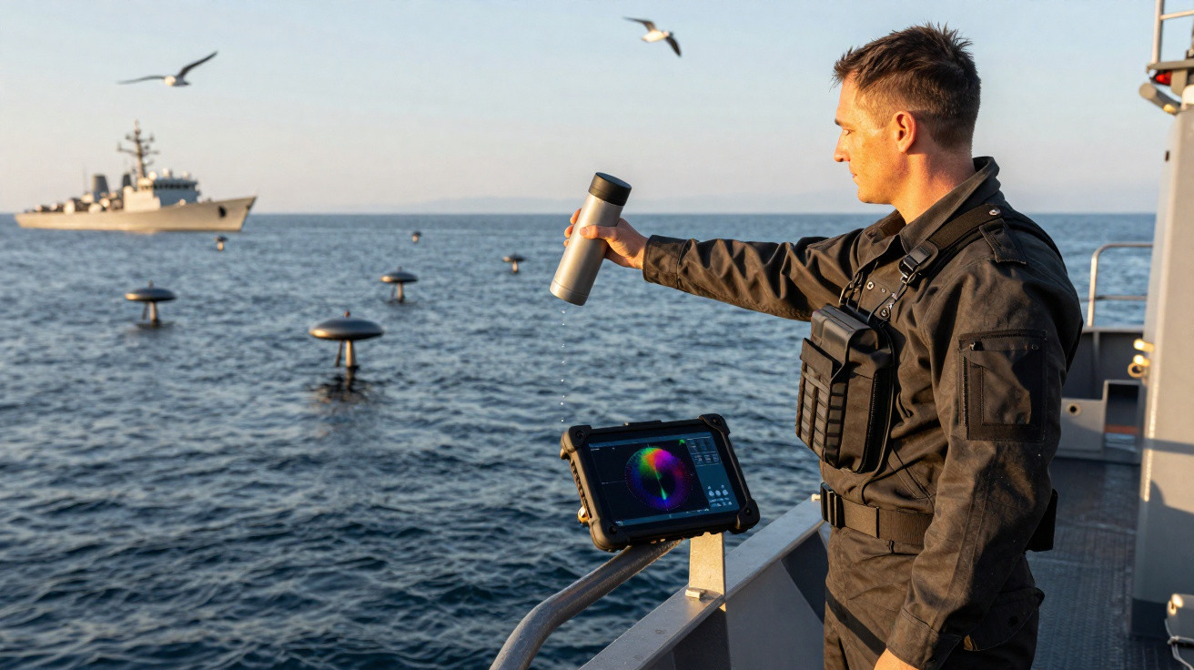 Homem em uniforme naval despeja líquido no mar a partir de um navio, com outro navio e gaivotas ao fundo.