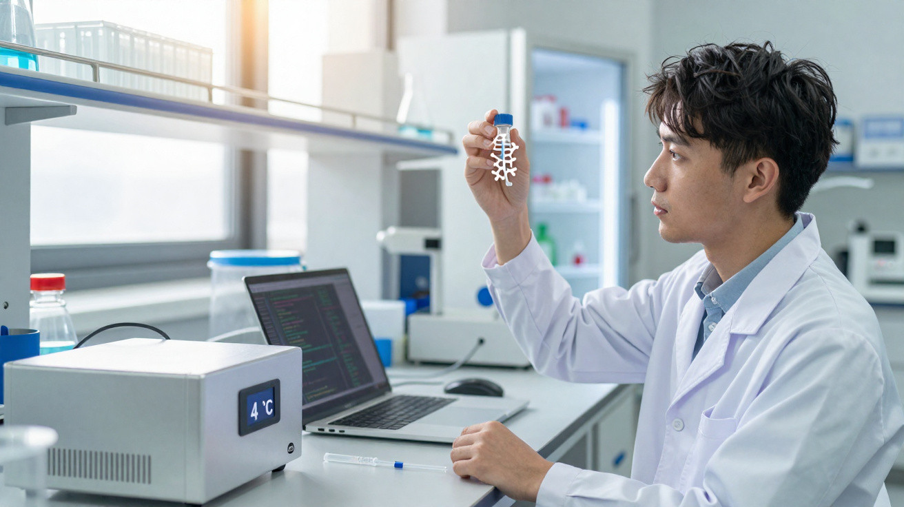 Jovem cientista em jaleco segurando modelo de coluna vertebral em laboratório moderno com computador.
