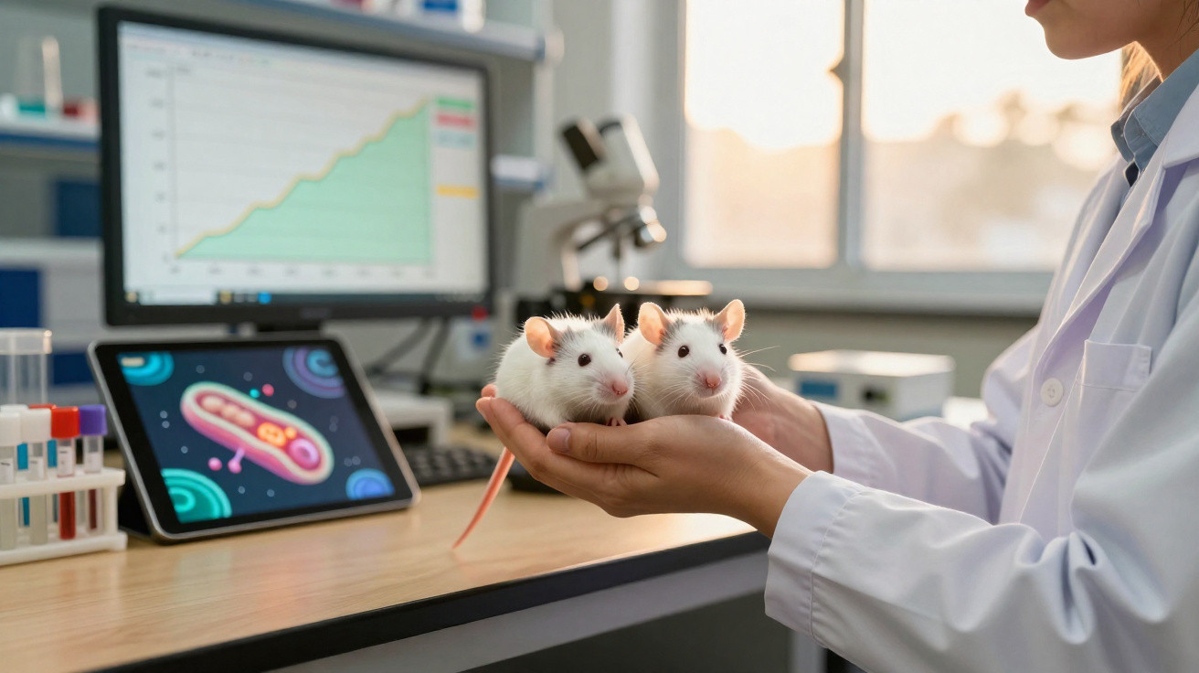 Pesquisadora de jaleco segurando dois ratos brancos em laboratório com computadores e tubos de ensaio.