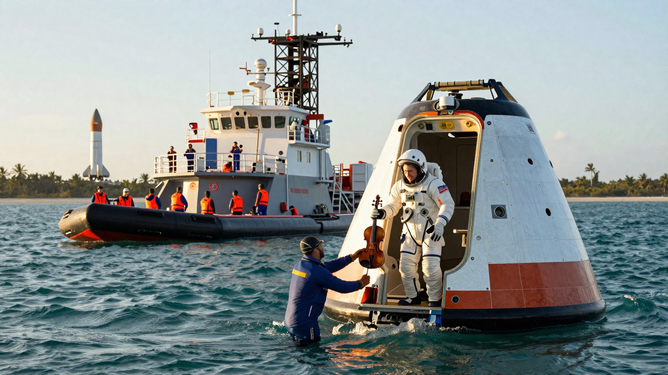 Astronauta sai de cápsula no mar enquanto recebe um violino de pessoa em roupa de mergulho e barco de apoio ao fundo.