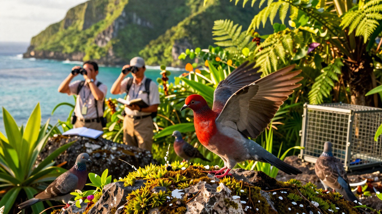 Pombo-de-lava vermelho com asas abertas em rocha, pessoas observando aves com binóculos ao fundo na natureza.