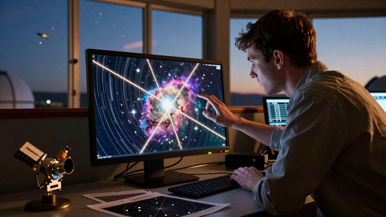 Homem analisando imagens astronômicas coloridas em monitor de computador em sala com janela ao entardecer.
