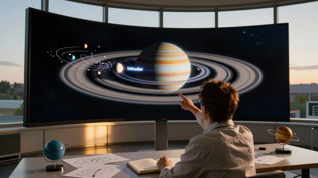 Pessoa estudando modelo digital do planeta Saturno com anéis em tela curva grande em sala clara.