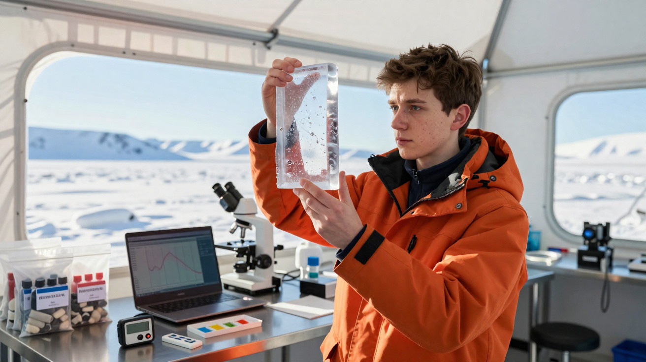 Jovem cientista em jaqueta laranja segura bloco de gelo em laboratório na região nevada.